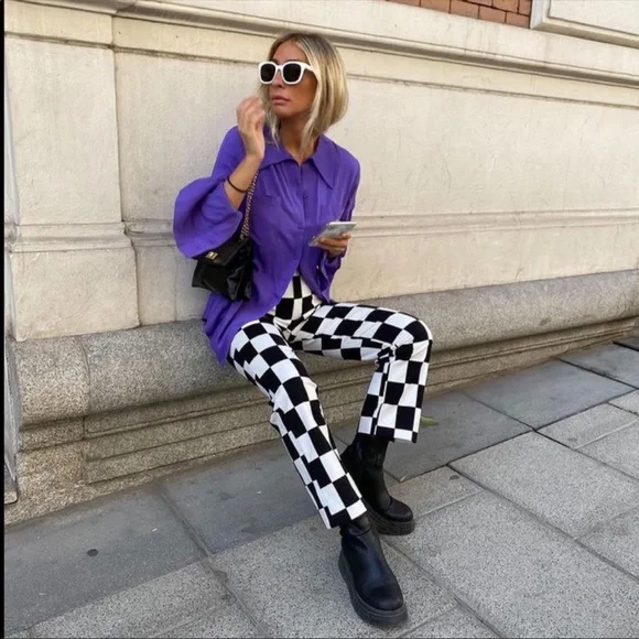 Zara Checkerboard Print Pants NWT - Picture 3 of 17